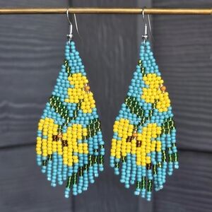 Tropical Floral Boho Beaded Earrings Fringe Handmade Jewelry